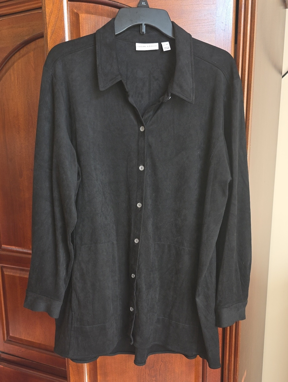 Susan Graver Black Button-Front Suede-Look Long Sleeve Top XLP
